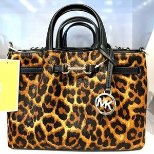 Michael Kors SM Carson Pebbled Leather Leopard Print Satchel Bag Butterscotch